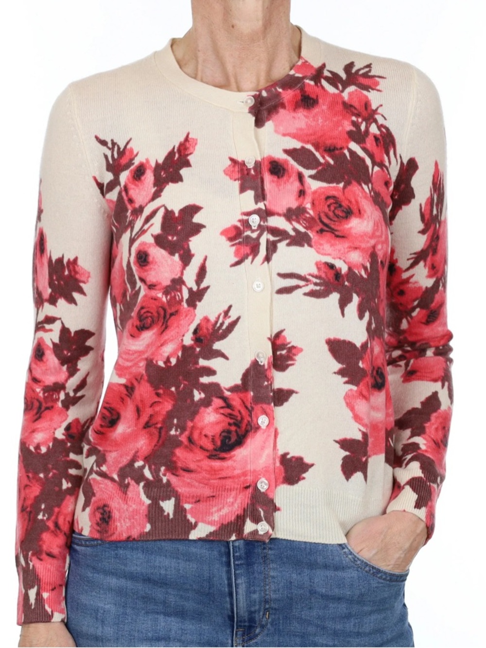 Talbots Cream Pink‎ Floral Cashmere Crew Neck button Front Cardigan XL
